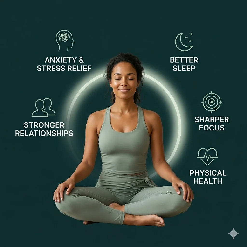 Woman meditating surrounded by benefit icons — anxiety relief, better sleep, sharper focus, physical health, and stronger relationships