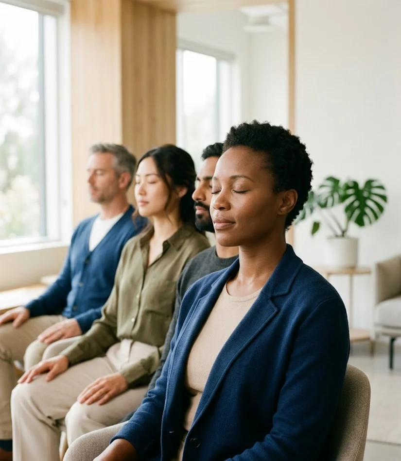 Diverse professionals meditating together in a bright, modern wellness room