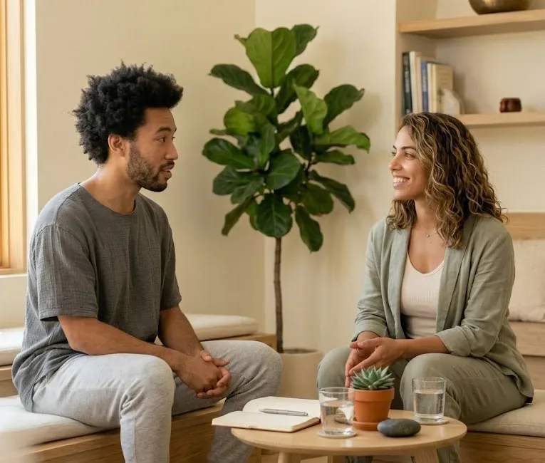 Two people having a warm conversation in a sunlit meditation center
