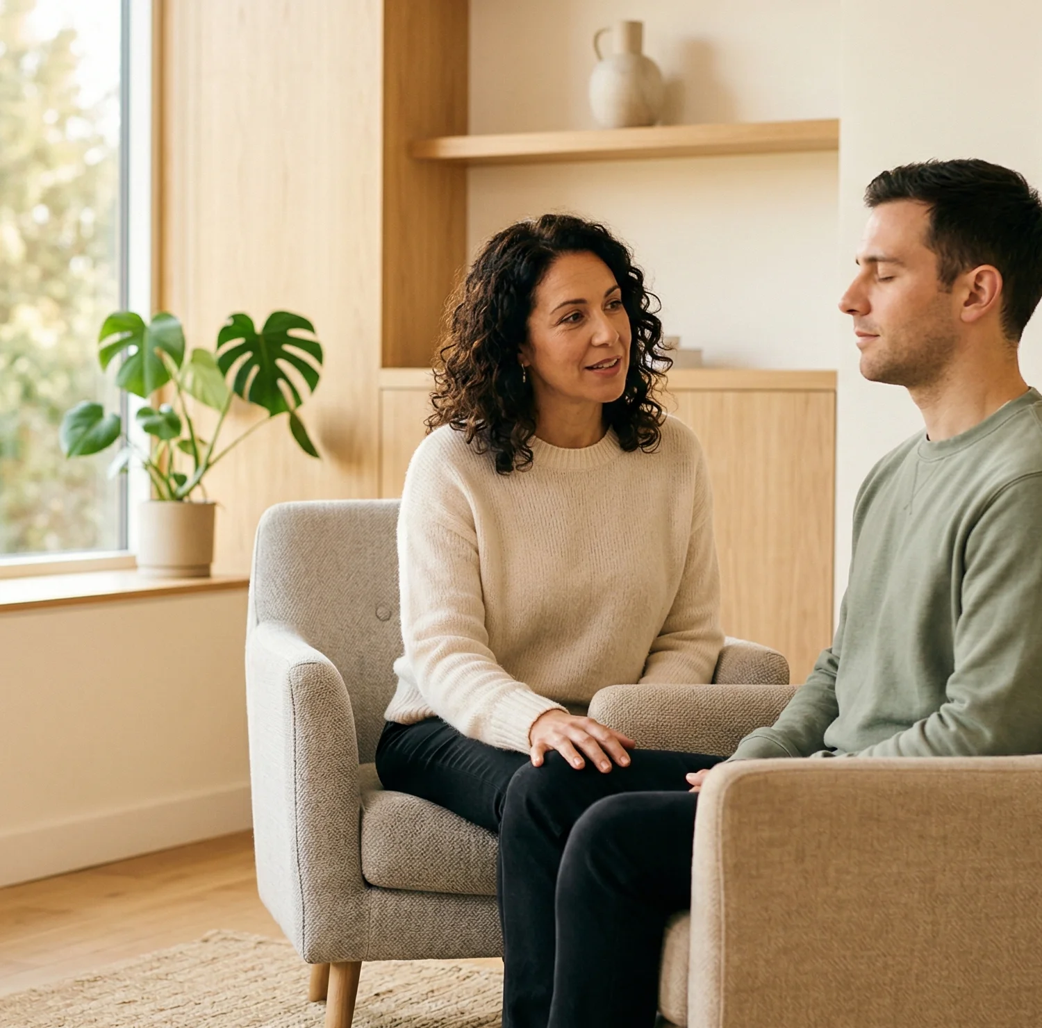 Meditation instructor guiding a practitioner through a one-on-one session in a calm, sunlit room