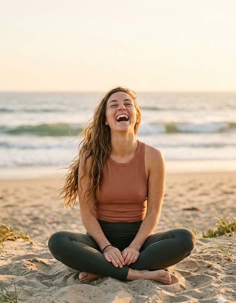 Woman laughing joyfully while meditating